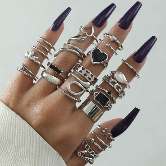 Black Heart Ring Set - 26-Piece Creative Multi-Joint Rings