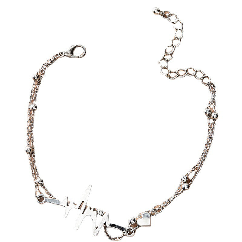 Heartbeat Metal Double Layer Anklet with Irregular Bead Silver Multi-Layer Chain