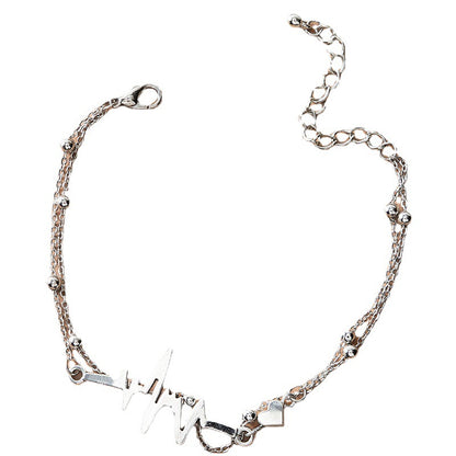 Heartbeat Metal Double Layer Anklet with Irregular Bead Silver Multi-Layer Chain