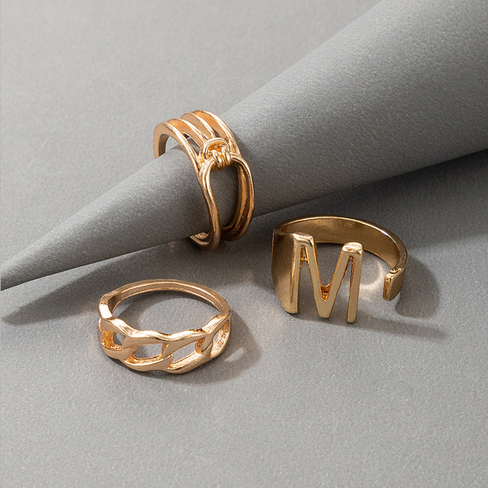 Simple letter M ring set, alloy hollow punk style three-piece set