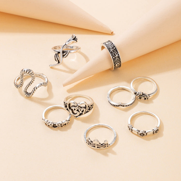 Retro style rose elephant ring set, geometric animal flower nine-piece set