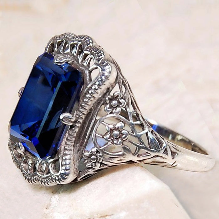 Palace style hollow royal blue zircon ring, vintage boutique