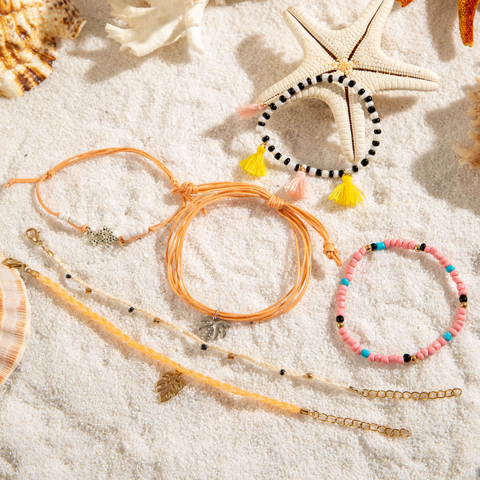 Bohemian Tassel Bead Bracelet Set - Six-Piece Colorful Jewelry