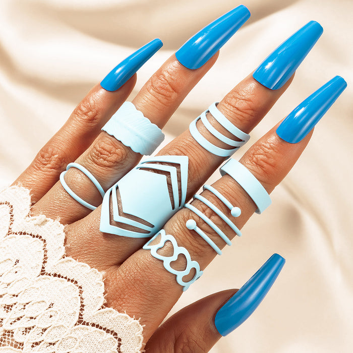 Blue leaf heart shaped geometric ring 7-piece set