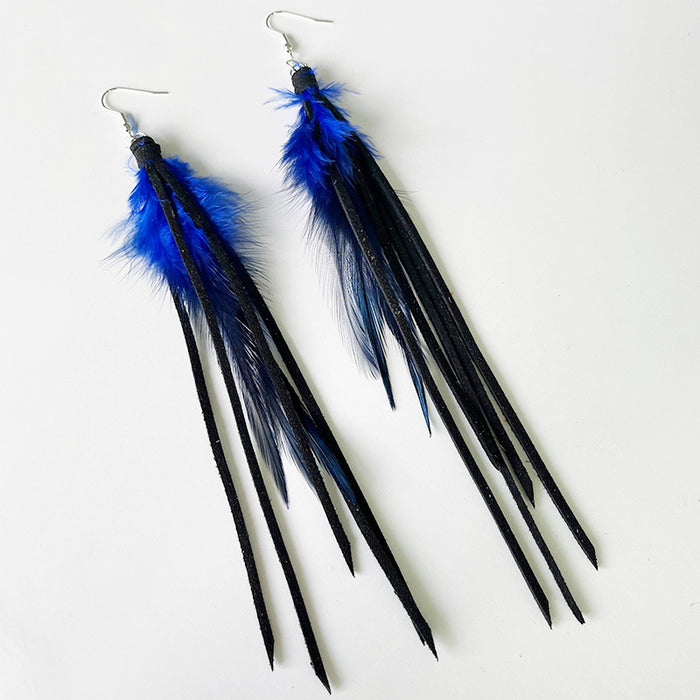 Bohemian Leather Tassel Earrings with Natural Feather Design