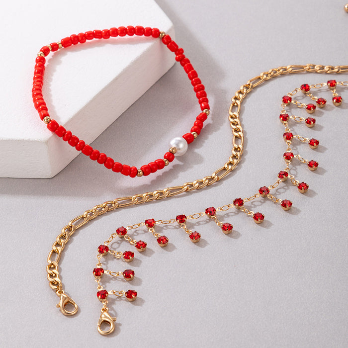 Red Tassel and Pearl Anklet with Alloy Beads and Multilayer Design