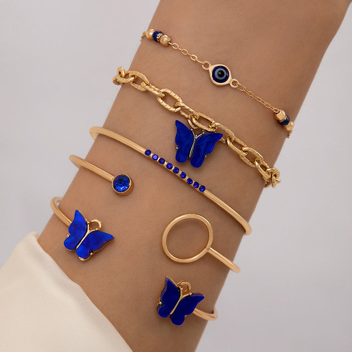 Blue Butterfly and Gemstone Bracelet Set – Four-Piece Open Cuff Jewelry