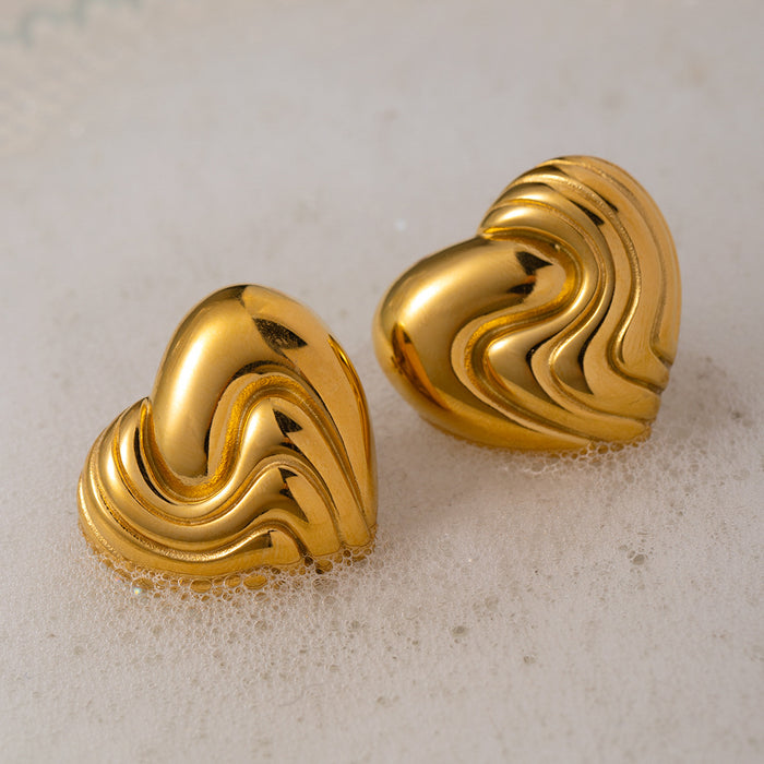 18K Gold Plated Stainless Steel Textured Heart Earrings - Unique Fashion Jewelry