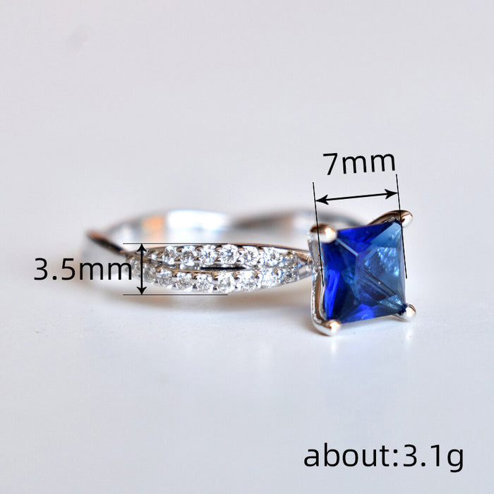 Square blue gemstone ring princess wave design ring