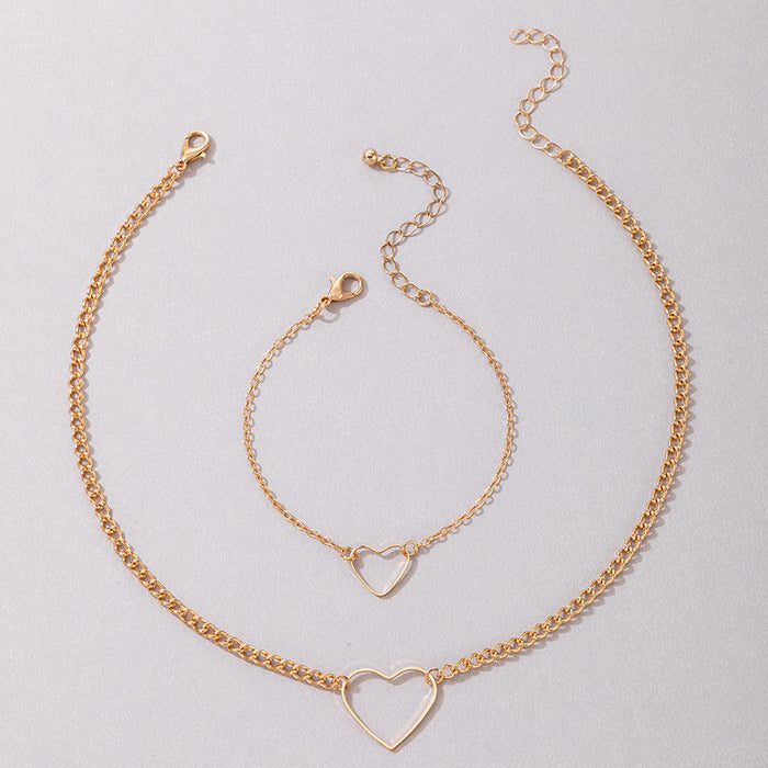 Simple Heart Hollow Bracelet and Necklace Set with Geometric Design