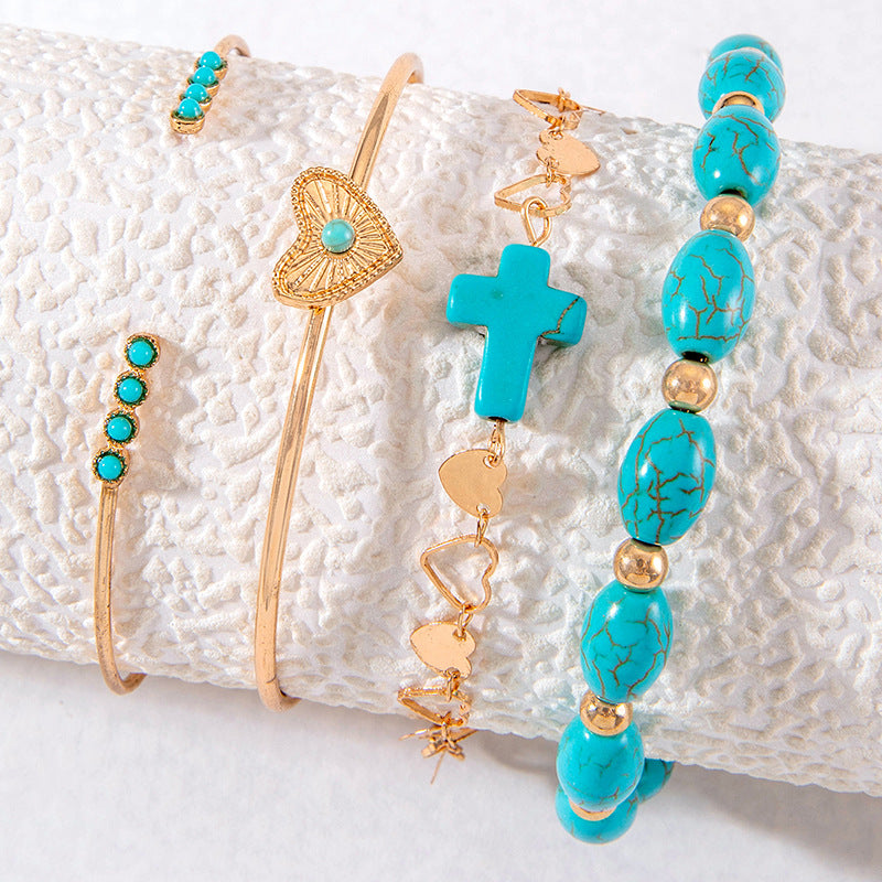 Turquoise Cross and Heart Bracelet Set - Four-Piece Retro Jewelry