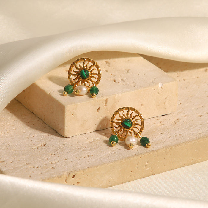 French Vintage 18K Gold Plated Stainless Steel Earrings - Natural Stone Pendant Jewelry for Women - wallojewerly 