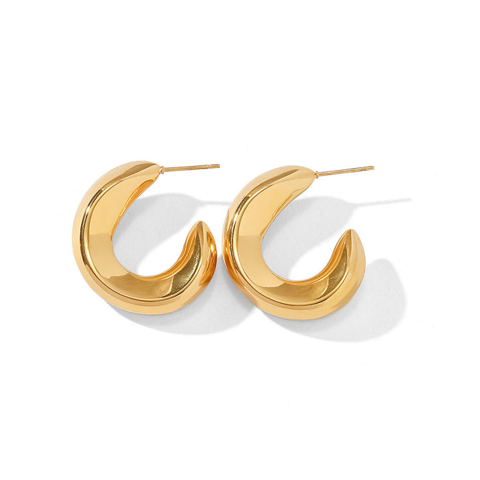 French Style Titanium Steel Earrings - Fashionable 18K Gold Plated Hollow Wave C-Shaped Earrings for Women