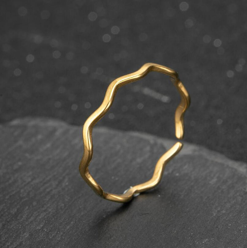 Forest plain ring, 18K gold-plated stainless steel wave open ring wholesale - wallojewerly 