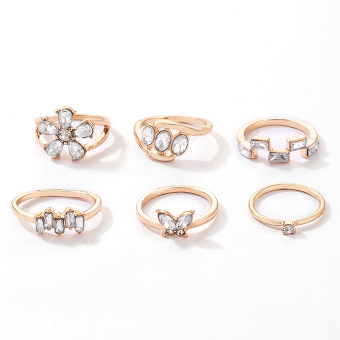 Light luxury butterfly flower diamond ring set, geometric irregular alloy six-piece set