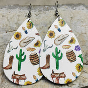 Cross Teardrop Leather Earrings with Western Flag Sunflower and Boot Design - wallojewerly 