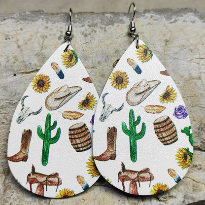 Cross Teardrop Leather Earrings with Western Flag Sunflower and Boot Design