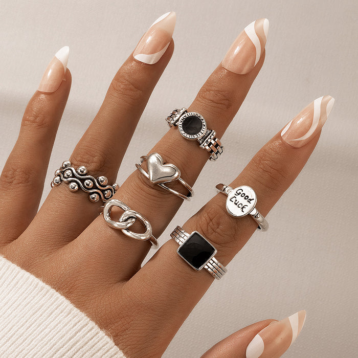 Black Geometric Mushroom Alphabet 6-Piece Ring Set