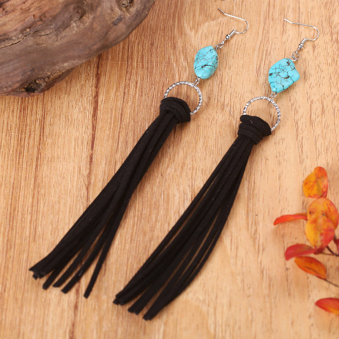 Vintage Long Turquoise Leather Tassel Earrings with Pastoral Style