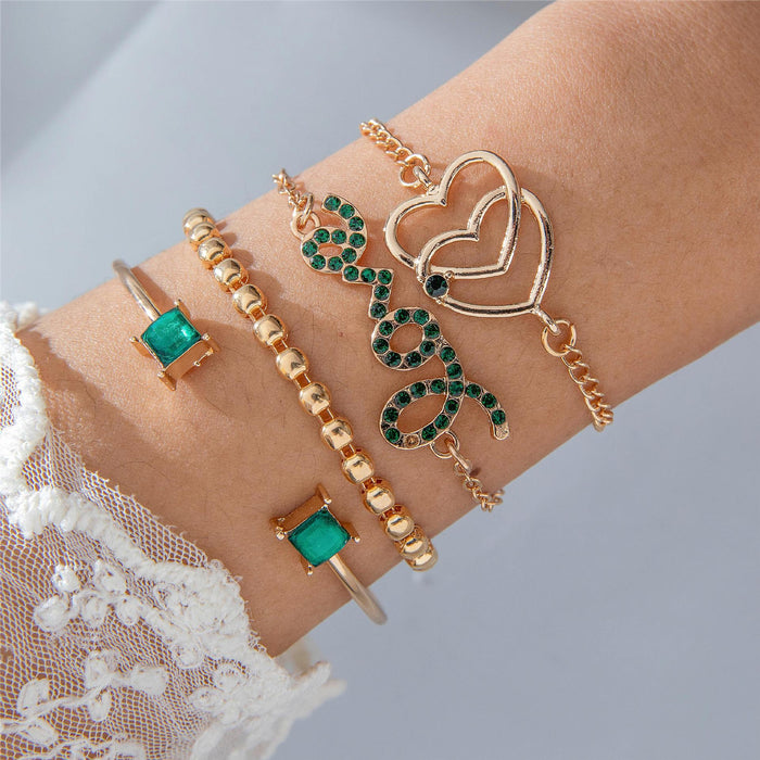 Vintage Style Green Rhinestone Square Bracelet with Love Letter - Four-Piece Set