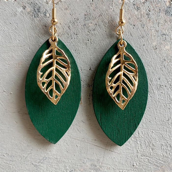 Wooden hollow leaf earrings