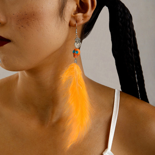 Orange tassel feather earrings skull heart Halloween personality earrings for women