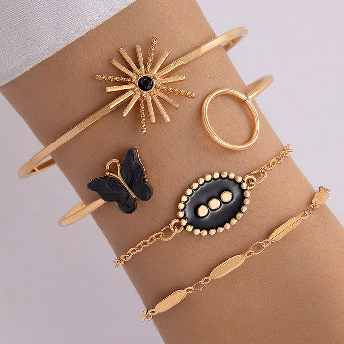 Butterfly Rhinestone Four-Layer Bracelet Set - Black Enamel Punk OT Bangle for Women