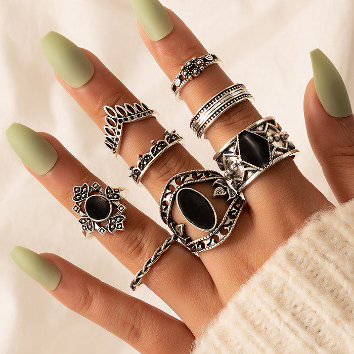 Black oil drip vintage hollow ring 8-piece set