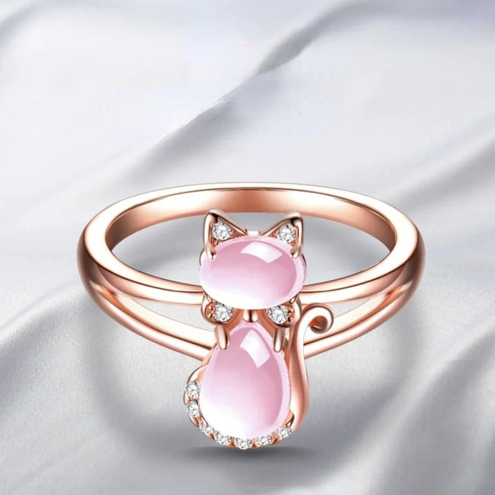 Anillo de cristal rosa con diseño de rosa de gato lindo japonés y coreano