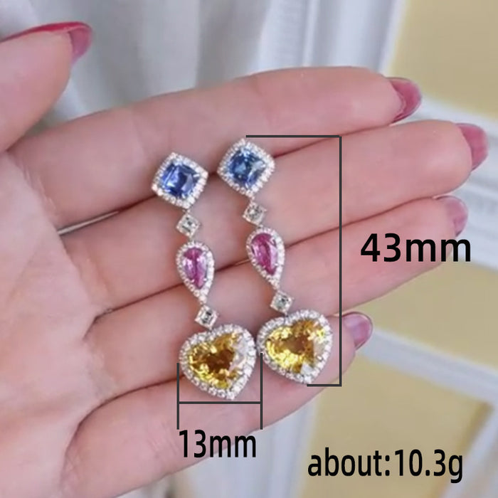 Colored zircon heart long earrings