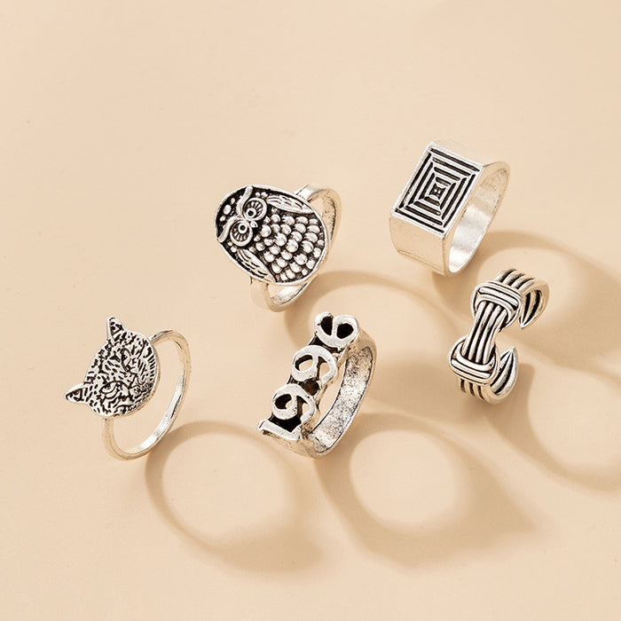 Retro Animal Hip Hop Number Ring 5-Piece Set