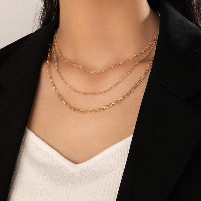 Simple Chain Triple-Layer Necklace - Geometric Multilayer Choker