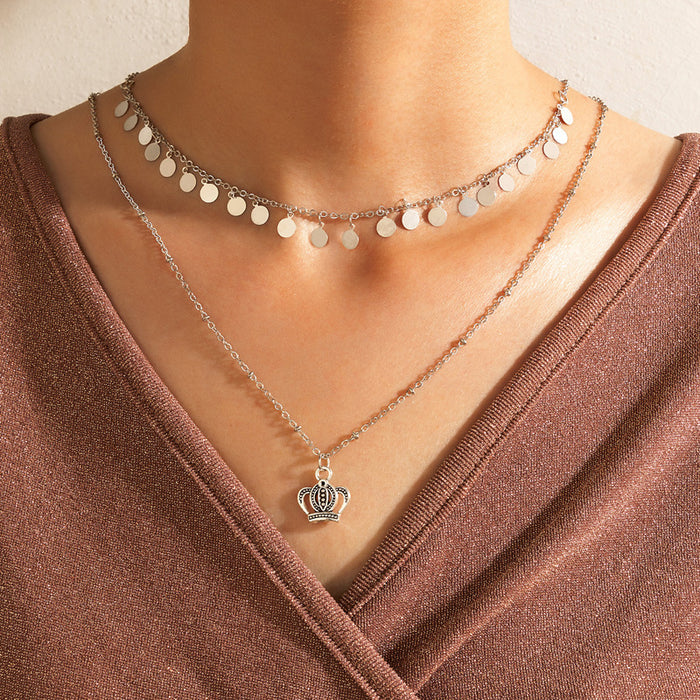 Pearl Flower Multi-Layer Necklace with Geometric Metal Round Disc Design