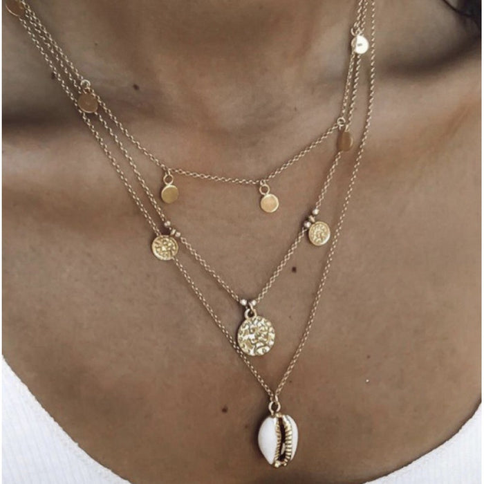 Alloy Shell Multi-Layer Necklace with Geometric Round Disc Design