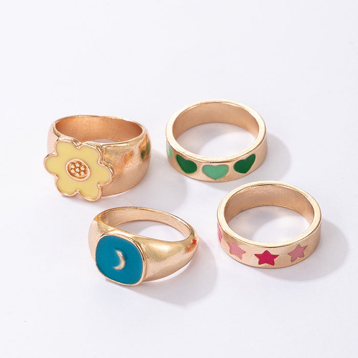 Colorful oil drip love flower star moon ring 4-piece set