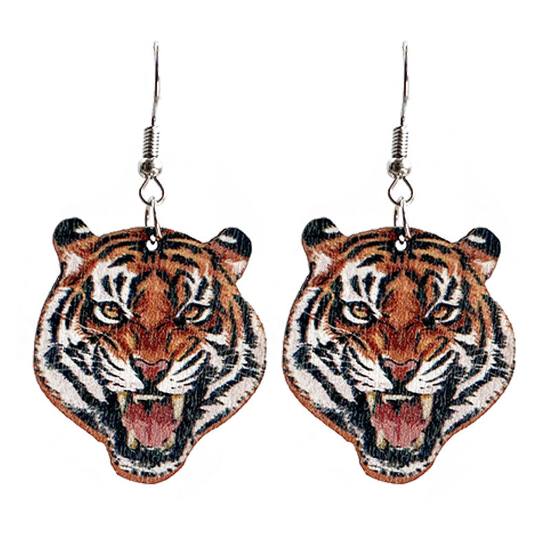 Wooden animal tiger earrings