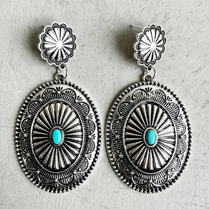 Western Bohemian Metal Earrings with Turquoise and Pumpkin Flower Design