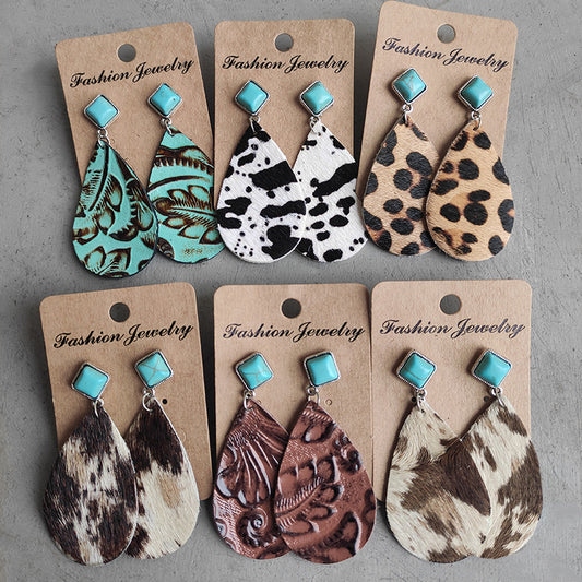 Leopard Print Cowhide Leather Teardrop Earrings with Turquoise Studs