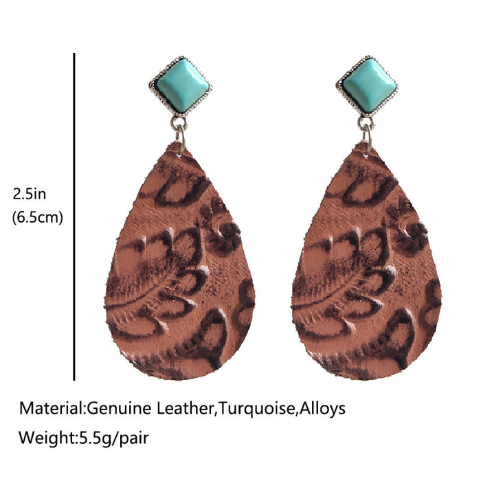 Leopard Print Cowhide Leather Teardrop Earrings with Turquoise Studs