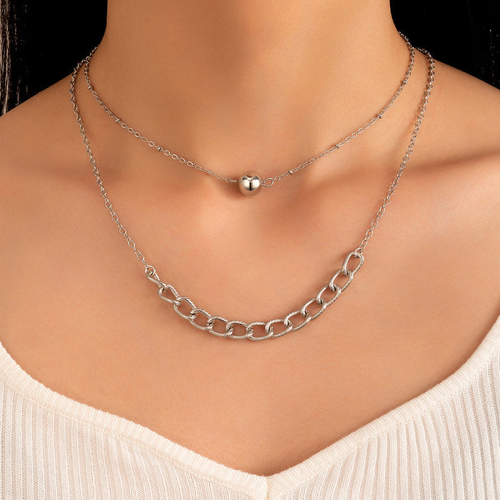 Simple Round Bead Double Layer Necklace with Geometric Metal Chain Design