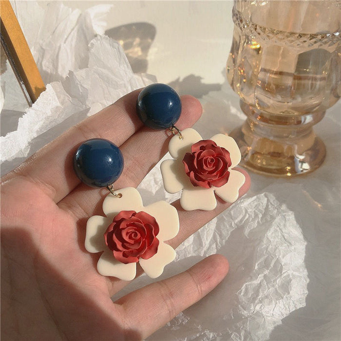 Contrast color flower earrings | Retro Hong Kong style rose elegant ear clips