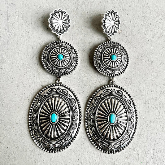 Western Bohemian Metal Earrings with Turquoise and Pumpkin Flower Design