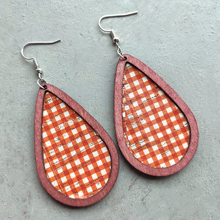 Wooden red and white textured earrings