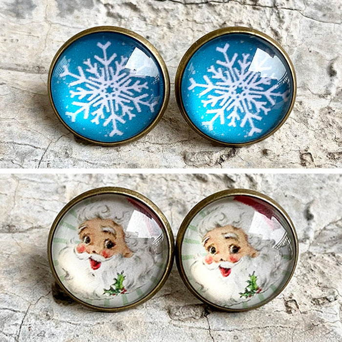 Christmas Snowflake and Santa Stud Earrings with Vintage Style