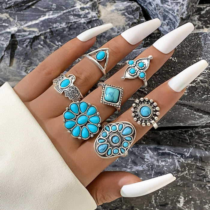 Bohemian Owl Feather Turquoise Ring Set - 7pcs Vintage Rings