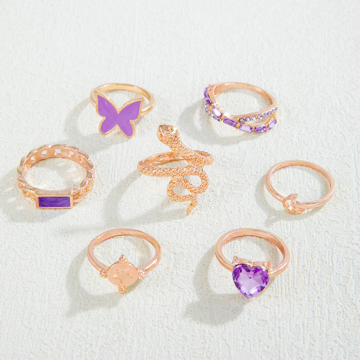 Purple Butterfly and Snake Ring Set - Fashionable 7-Piece Vintage Rings