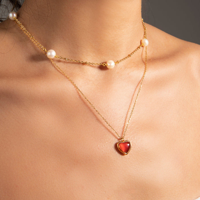 18K Gold-Plated Stainless Steel Necklace with Red Agate Heart Pendant - Women's Fashion Jewelry