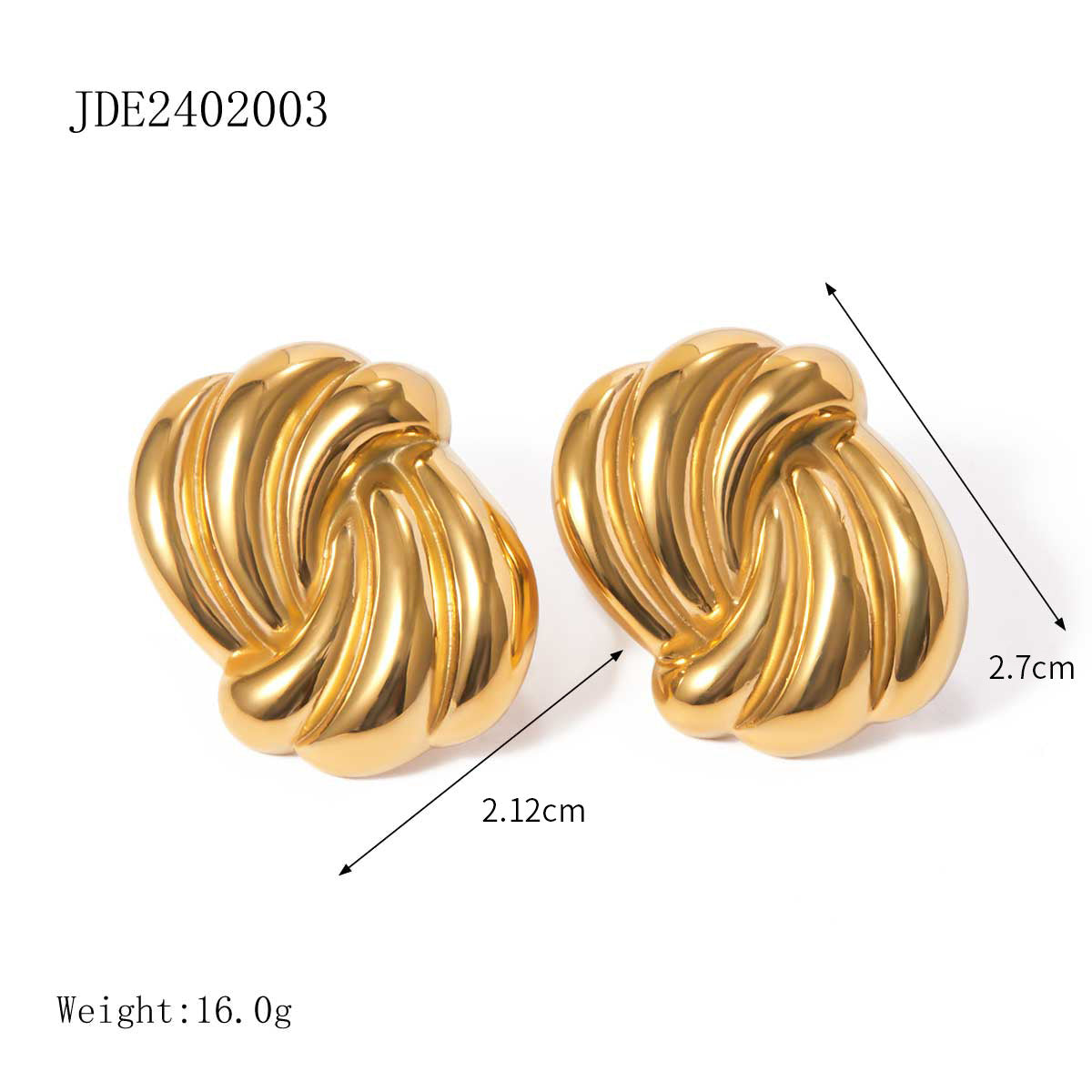 18K Gold Plated Stainless Steel Wave Pattern Stud Earrings - High-End Design Tarnish-Resistant Jewelry