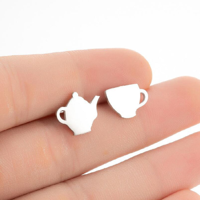 Pendientes de acero inoxidable con forma de tetera y taza: joyas asimétricas y elegantes