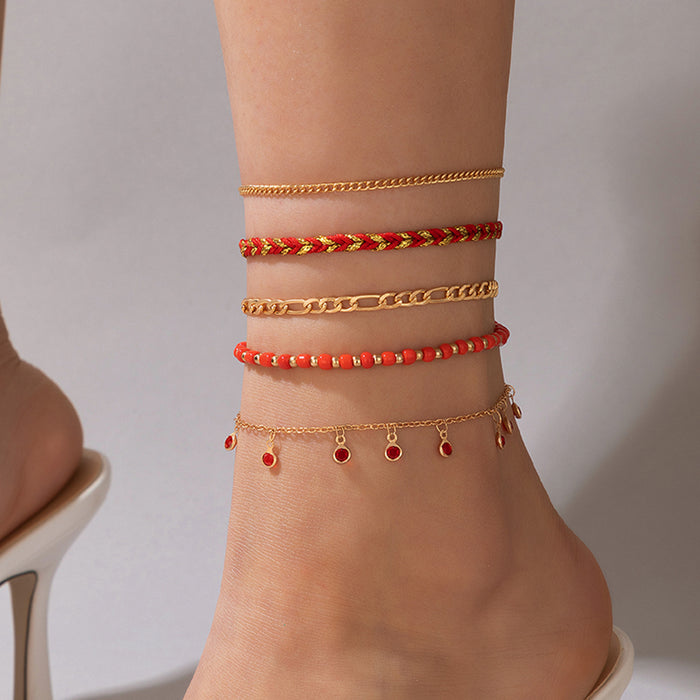 Black String and Beaded Multi-Layer Anklets - Boho Beach Foot Jewelry Set